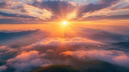 Poster - majestic morning colorful sunlight brush in air heavenly light reflected on fluffy clouds in golden time bright sun beams rays over panoramic view in summer gorgeous season freedom n p : Generative AI