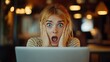 © The Little Hut - Young caucasian woman working using computer laptop afraid and shocked surprise and amazed expression with hands on face : Generative AI