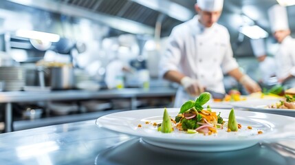 chefs preparing food in professional kitchen Focus on dish of dinning food in front row Chef blur as  background : Generative AI