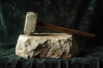 Sticker - Stone Hammer Resting on a Rock Against a Green Fabric Background