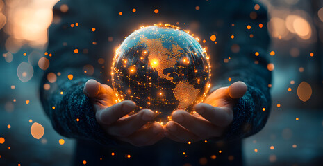 A person is holding a glowing globe in their hands