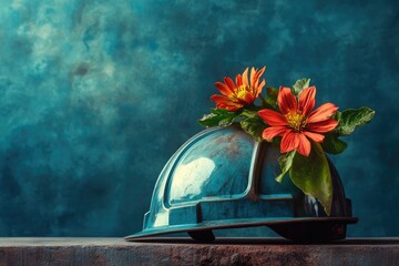 Blue Hard Hat Adorned with Orange Flowers