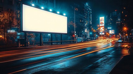 Poster - Blank White Mockup Of Vertical Poster Billboard With Car Light Trails At Night Advertising Empty Outdoor Banner On City Street : Generative AI