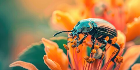 Sticker - Flower Chafer Beetle Feeding on Orange Flower Pollen and Nectar Citrus Tree Blossom Branch in Nature Macro Photography with Vintage Paper Texture