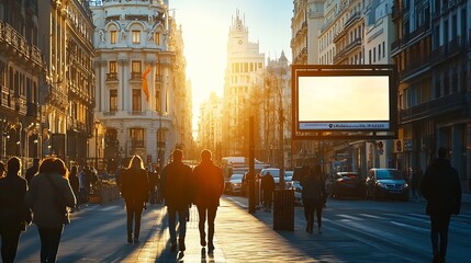 Poster - Blank advertising billboard mockup on a sunny street in madridsurrounded by historic architecture and urban traffic : Generative AI