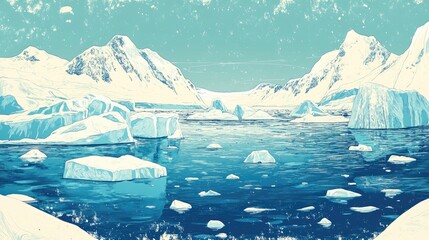 Retro coloring book illustration of a polar ocean landscape featuring icebergs and glaciers amidst snow covered ice water Depicts a cold winter scene in an arctic environment with a bright blue sk