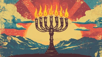 Retro illustration featuring a menorah with burning olive oil candles surrounded by clouds and mountains at sunset