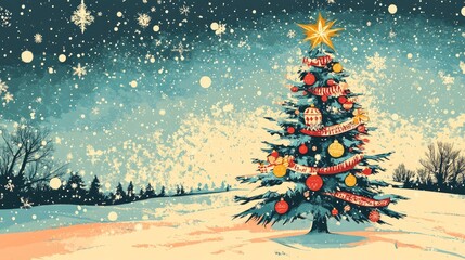 Festive Christmas Scene with Snowy Background and Decorated Tree