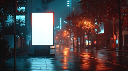 Poster - Blank Poster Billboard Mockup On Sidewalk Outdoor Advertising Display At Night : Generative AI