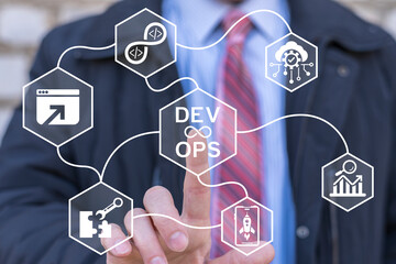 Wall Mural - businessman using virtual touch screen presses text: dev and ops. devops software agile development 