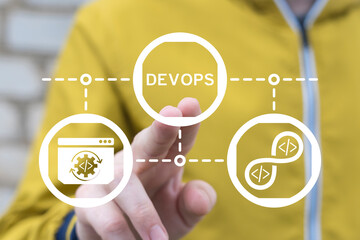 Wall Mural - man working on virtual touch screen presses text: devops. devops software agile development and it o