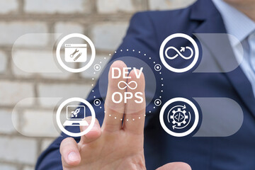 Wall Mural - man using virtual touch screen presses text: dev and ops. devops software agile development and it o