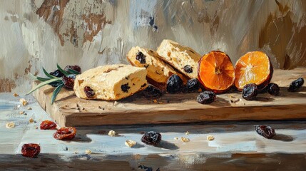 Oil painting of homemade biscuits with dried fruits displayed on a rustic wooden board showcasing a sweet and healthy dessert snack