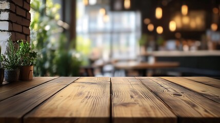 Empty wooden table top with blurred cafe background Perspective view with copy space Interior mockup and gastronomy concept for design and advertisement : Generative AI