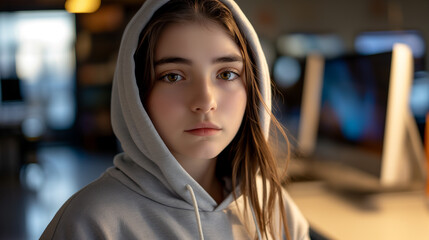 Thoughtful teenage girl in a gray hoodie, soft focus background, introspective expression, captures mood, emotions, and youth in urban setting