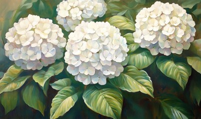 Wall Mural - Oil painting depicting blooming hydrangea bushes featuring large white flowers showcasing botanical elements of ornamental plants