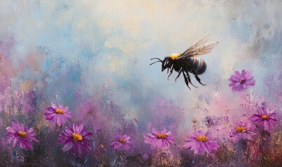 Oil painting depicting a black bee in flight above vibrant purple flowers showcasing the beauty of nature