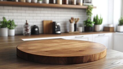 Wall Mural - Empty beautiful round wood tabletop counter on interior in clean and bright kitchen  background Ready for display Banner for product montage : Generative AI