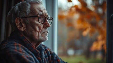 Retirement problem Pensive old man nursing home patient sit by window hold glasses walking stick lost in sad thoughts Upset aged male think about bad health loneliness miss deceased wi : Generative AI