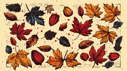 Canvas Print - Retro coloring book illustration featuring a variety of autumn elements on a blank background a creative representation for the season of fall