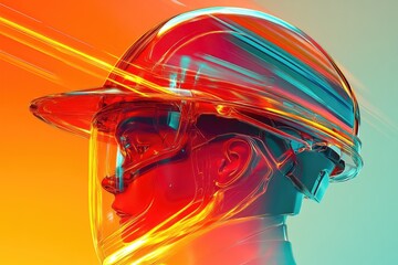 Sticker - Abstract Portrait of a Person Wearing a Helmet with a Colorful, Glowing Effect