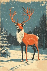 Wall Mural - Retro illustration of a beautiful reindeer in a winter landscape