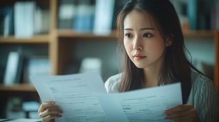 Poster - Asian financial woman working inside office with documents papers behind paperwork serious businesswoman looking financial reports at workplace  confident successful female accountant : Generative AI