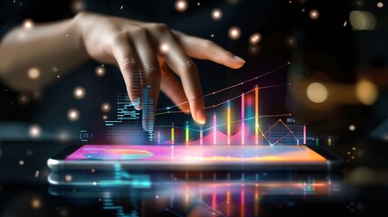 Leinwandbilder - dashboard indicator chart data statistic investment graph management analyze diagram touching at dashboard data management to manage data bar and graph show above that smart phone : Generative AI