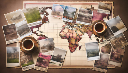 A collage of travel photos and maps spread out with two coffee cups