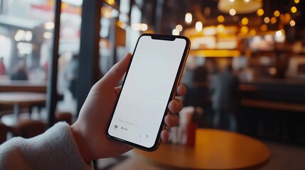 CU Photo of a person using his phone inside a fastfood restaurant Blank white smartphone screen mockup food order delivery discount coupon application mockup : Generative AI