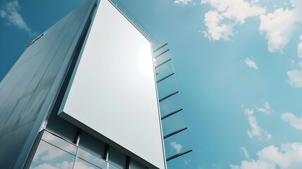 Poster - Mock up white vertical large LED display billboard on tower building with blue sky background clipping path for mockup : Generative AI