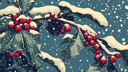 Poster - Retro coloring book illustration of a snow covered holly bush with berries