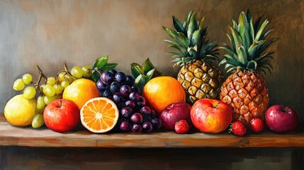 Wall Mural - Oil painting depicting a vibrant assortment of fruits on a natural wooden surface representing a commitment to wellness and healthy living