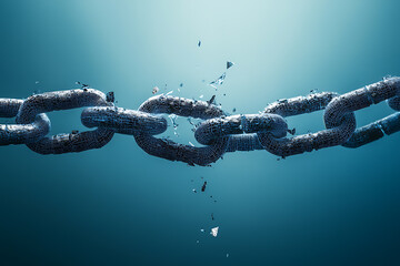 A close-up of a broken chain link, representing concepts of weakness, breaking free, or overcoming obstacles. The image can be used in metaphorical contexts.