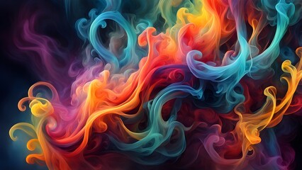 Wall Mural - Abstract colorful smoke swirls on a dark background.