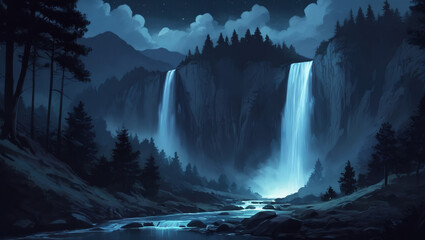 beautiful waterfall at night