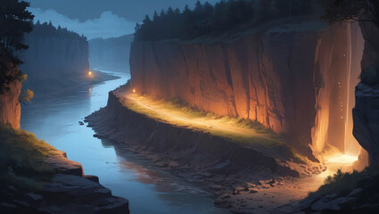 beautiful river and cliffs at night