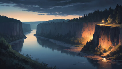 beautiful river and cliffs at night