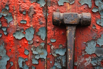 Poster - Rusty Hammer Against Weathered Metal Surface