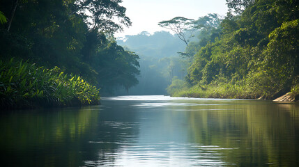 Wall Mural - A tranquil scene of a river in the Amazon, with dense vegetation and overhanging plants along the banks 