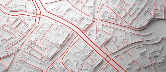 Map of streets designed with red lines on white paper Top view rendering and illustration