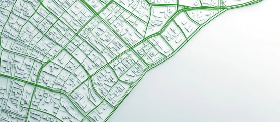 Wall Mural - Map of streets created with green lines on a white background A flat top view illustration in 3D