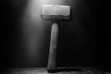 Wall Mural - A Single Black and White Sledgehammer on a Black Surface with a Light Beam