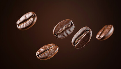 floating coffee beans on brown background, concept of fresh aroma, roasted coffee, caffeine, and ene