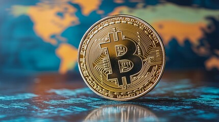 Wall Mural - Gold Bitcoin Cryptocurrency Coin on a Blue and Orange World Map Background