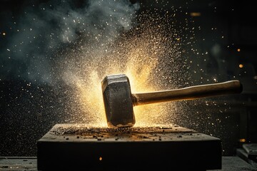 Canvas Print - Hammer Striking Metal Anvil with Sparks