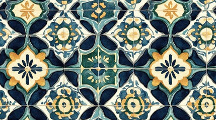 Wall Mural - Ethnic tile design featuring indigo green and gold antique wallpaper Colorful Azulejos fabric with vintage style illustration Elegant mosaic wallpaper for interior design