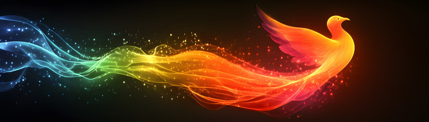 A colorful bird is flying through a rainbow-colored stream of light