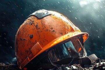 Canvas Print - Mud-Covered Hard Hat with Goggles in Rain