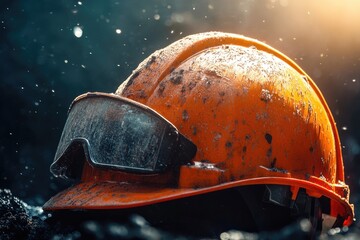 Wall Mural - Close-up of a Dusty Orange Hard Hat with Goggles